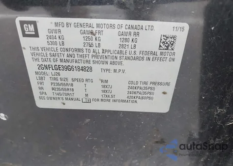 2016 Chevrolet Equinox Ltz z USA, uszkodzony, nr VIN 2GNFLGE39G6184828